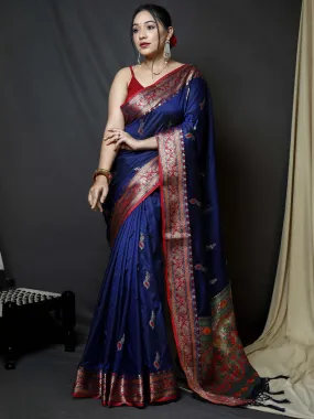 Navy Blue Saree in Paithani Silk With Peacock Zari Contrast Border