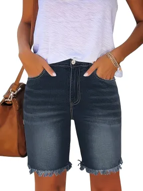 Womens Bermuda Shorts - Ultra-Stretchy Denim, Slim-Fit Design, Trendy Frayed Hem - Perfect for Spring and Summer, Stylish Washed Jean Shorts for Ladies