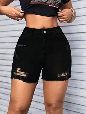 Womens Ultra-Stylish High-Stretch Denim Shorts - Slim Fit, Ripped & Raw Hem Design, Trendy Casual Pants for Flexible Comfort