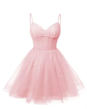 Women's V Neck Tulle Spaghetti Straps Pink Homecoming Dresses with Corset Back Short Prom Gowns for Teens