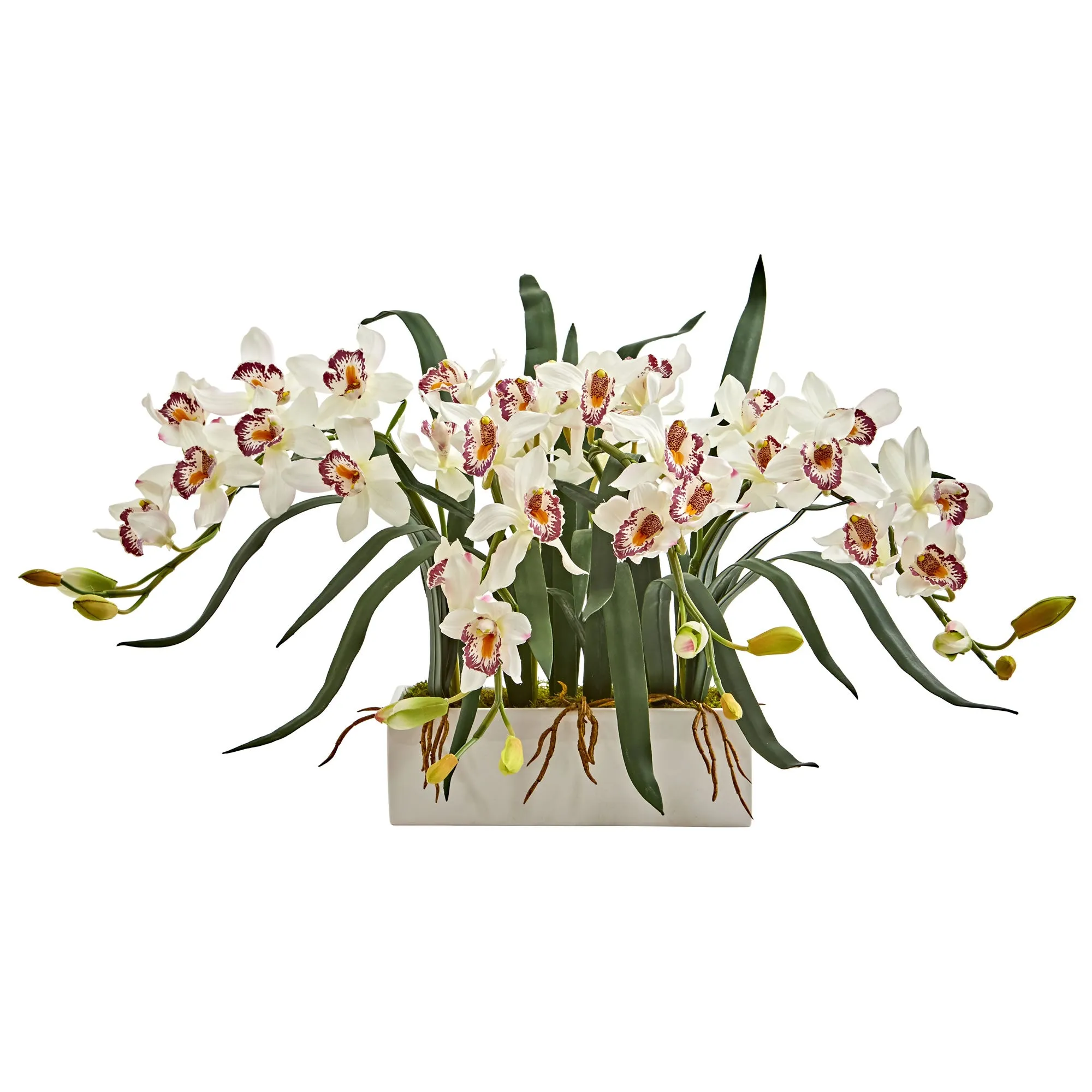 15" Artificial Cymbidium Arrangement in White Vase - Low Maintenance, Life-Like & Vibrant Silk Flowers For Busy People.