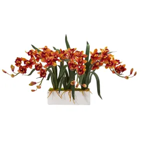 15" Artificial Cymbidium Arrangement in White Vase - Low Maintenance, Life-Like & Vibrant Silk Flowers For Busy People.