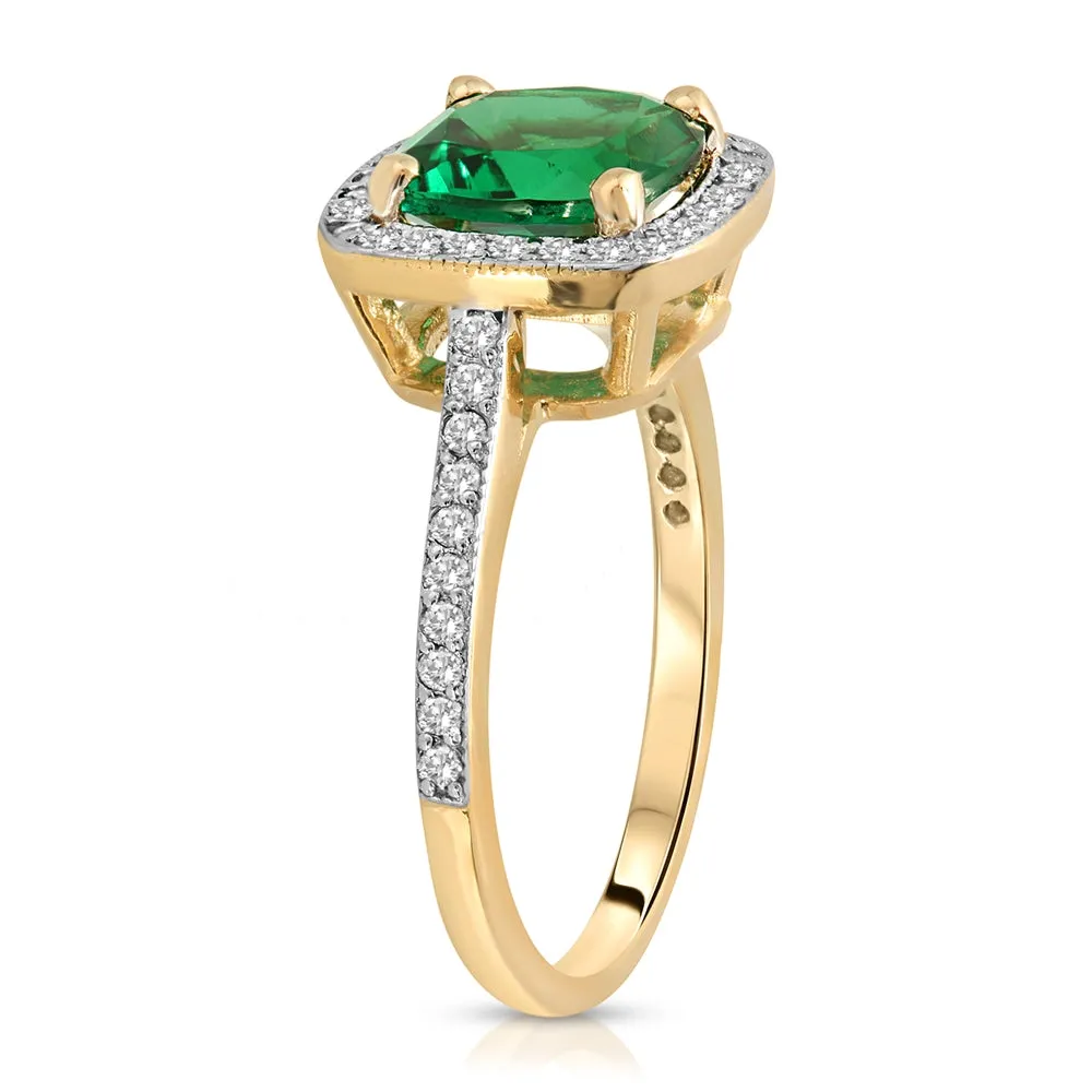 1.85 Carat Total Weight 14K Solid Yellow Gold Emerald Natural Diamonds Halo Ring Brilliant Cushion Shape Cut and Round Diamonds Anniversary Engagement Promise Ring