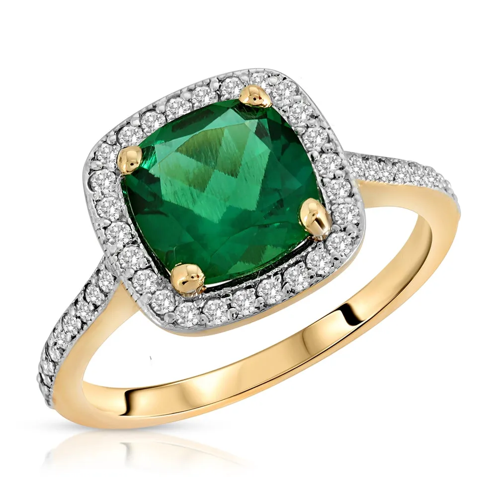 1.85 Carat Total Weight 14K Solid Yellow Gold Emerald Natural Diamonds Halo Ring Brilliant Cushion Shape Cut and Round Diamonds Anniversary Engagement Promise Ring