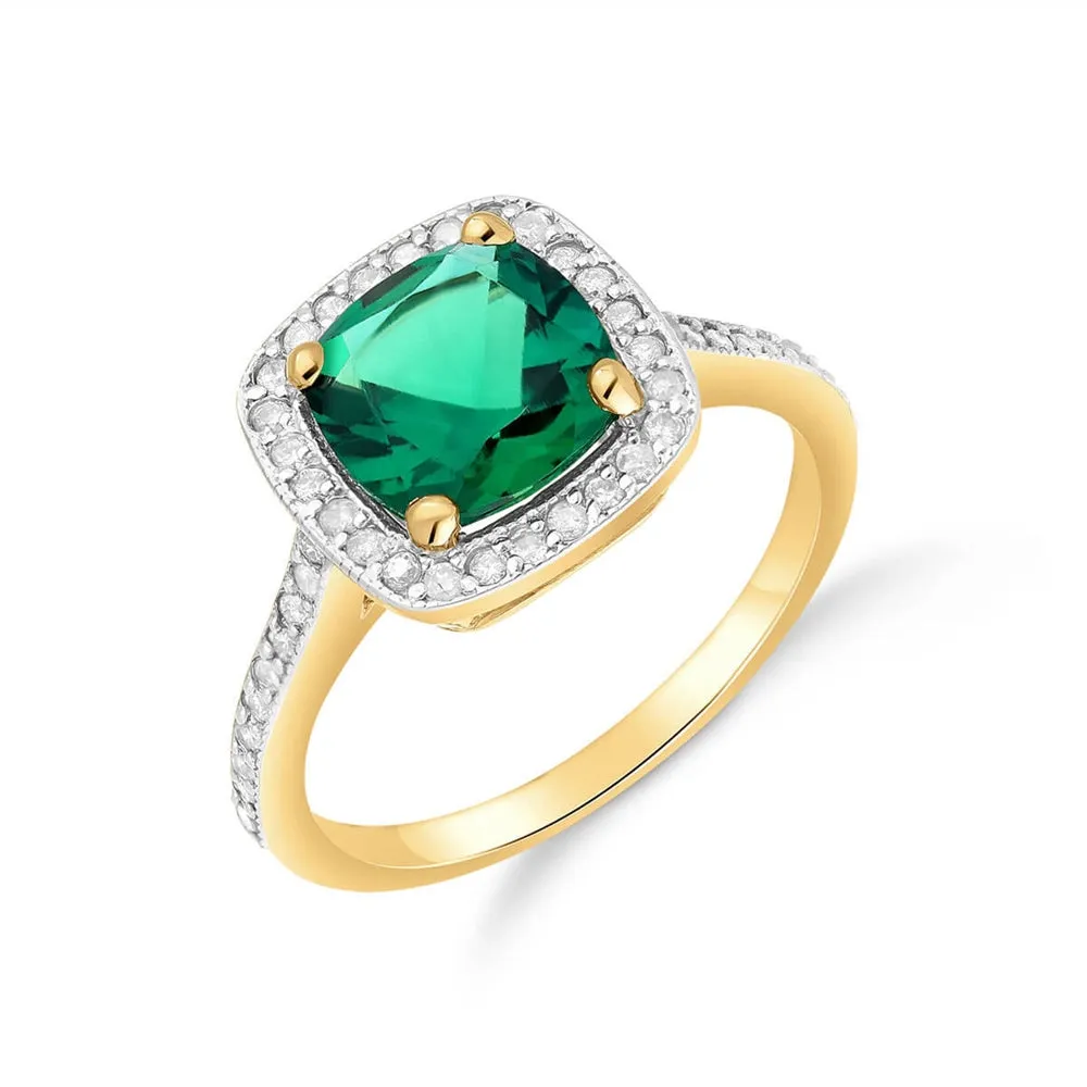 1.85 Carat Total Weight 14K Solid Yellow Gold Emerald Natural Diamonds Halo Ring Brilliant Cushion Shape Cut and Round Diamonds Anniversary Engagement Promise Ring