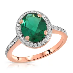 2.15 Carat Total Weight 14K Solid Rose Gold Emerald and Natural Diamonds Halo Ring Brilliant Oval Shape Cut and Round Diamonds Anniversary Engagement Promise Ring