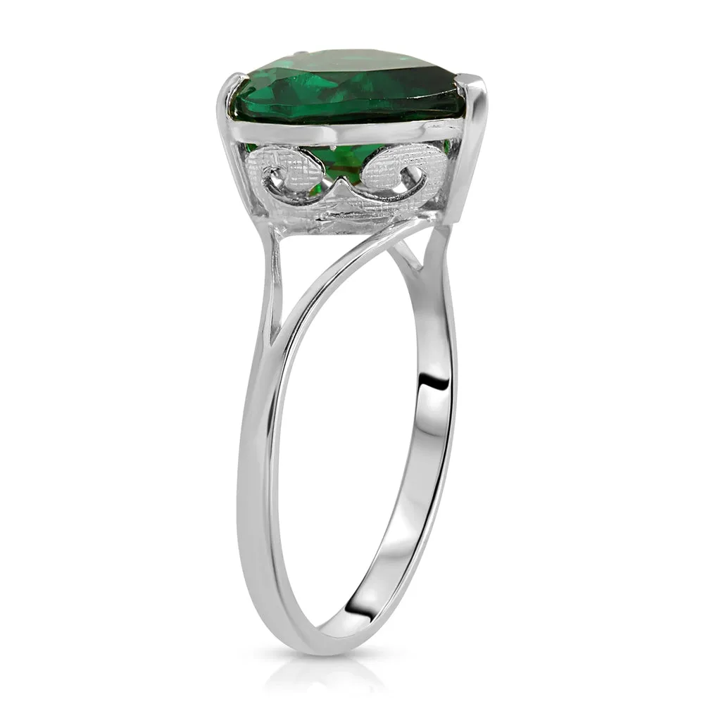 2.75 Carats 14K Solid White Gold Brilliant Heart Cut Shape Emerald Solitaire Cathedral Ring with Genuine Vibrant Emerald Heart Shape Anniversary Engagement Promise Her Him Unisex