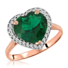 2.89 Carat Total Weight 14K Solid Rose Gold Emerald Natural Diamonds Halo Ring Brilliant Heart Shape Cut and Round Diamonds Anniversary Engagement Promise Ring