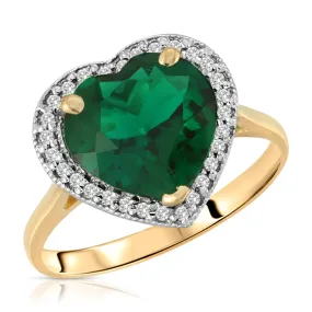 2.89 Carat Total Weight 14K Solid Yellow Gold Emerald Natural Diamonds Halo Ring Brilliant Heart Shape Cut and Round Diamonds Anniversary Engagement Promise Ring