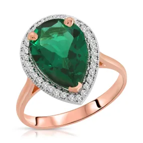 3.16 Carat 14K Solid Rose Gold Emerald with Natural Diamonds Halo Ring Brilliant Pear Tear Drop Shape Cut Round Diamonds Anniversary Engagement Promise Ring