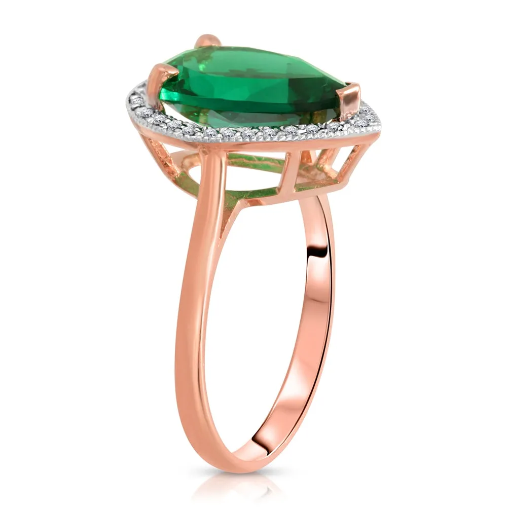 3.16 Carat 14K Solid Rose Gold Emerald with Natural Diamonds Halo Ring Brilliant Pear Tear Drop Shape Cut Round Diamonds Anniversary Engagement Promise Ring