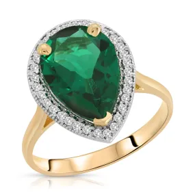 3.16 Carat 14K Solid Yellow Gold Emerald with Natural Diamonds Halo Ring Brilliant Pear Tear Drop Shape Cut Round Diamonds Anniversary Engagement Promise Ring