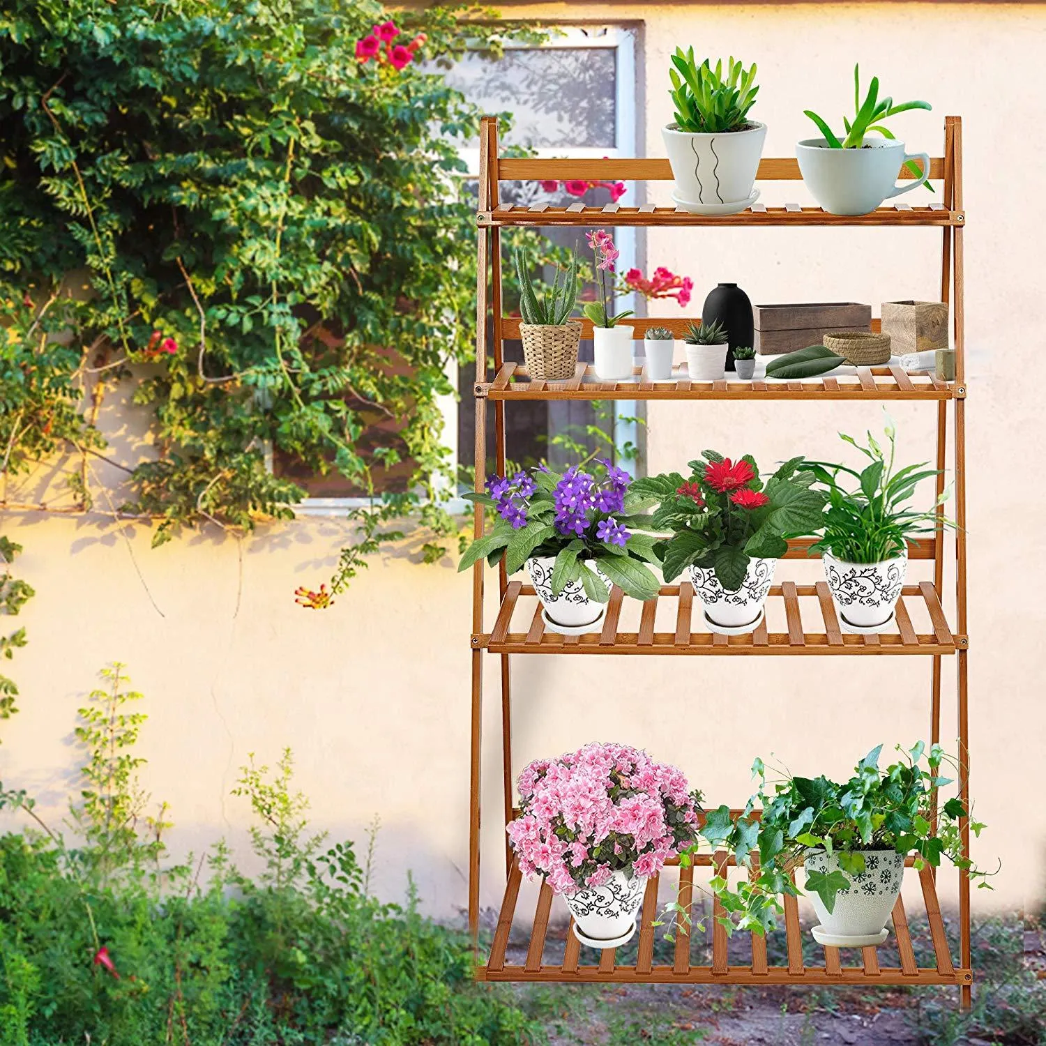 4 Tier Bamboo Flower Stand, Rack Shelf Foldable Pot Planter Display