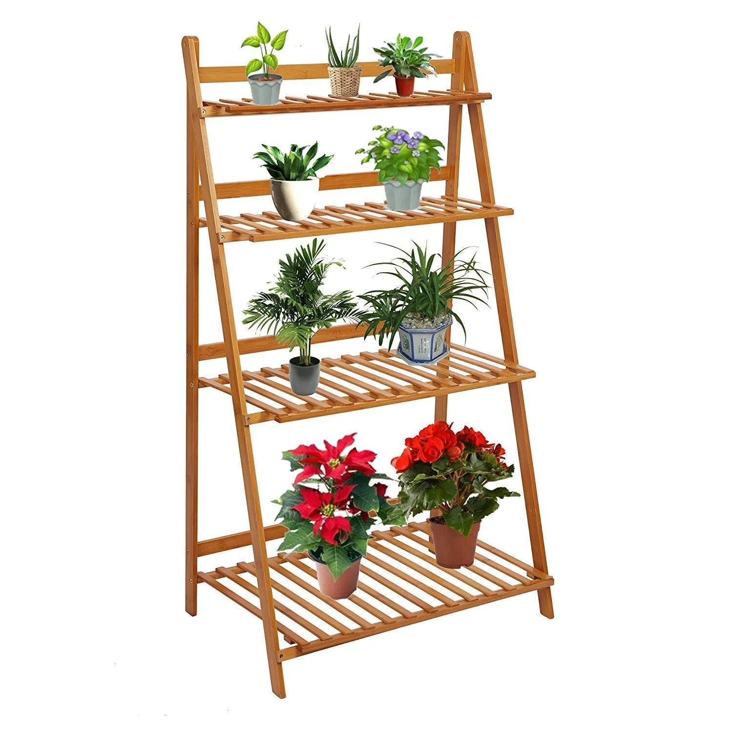 4 Tier Bamboo Flower Stand, Rack Shelf Foldable Pot Planter Display