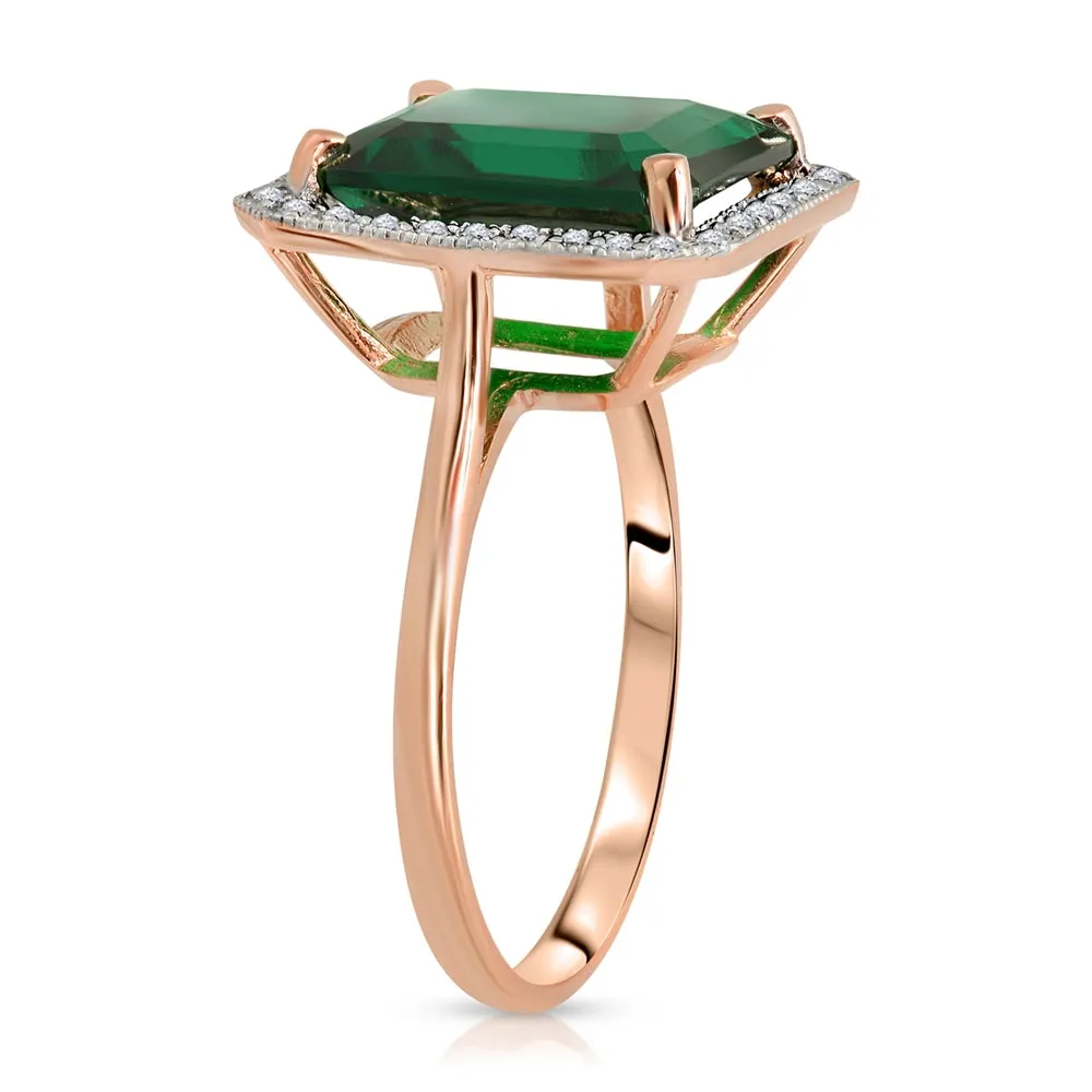 4.70 Carat Total Weight 14K Solid Rose Gold Emerald with Natural Diamonds Halo Ring Brilliant Octagon Emerald Shape Cut Round Diamonds Anniversary Engagement Ring