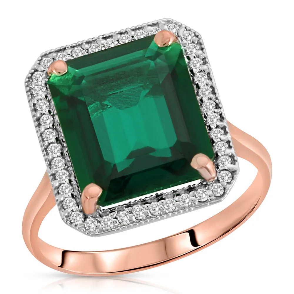 4.70 Carat Total Weight 14K Solid Rose Gold Emerald with Natural Diamonds Halo Ring Brilliant Octagon Emerald Shape Cut Round Diamonds Anniversary Engagement Ring