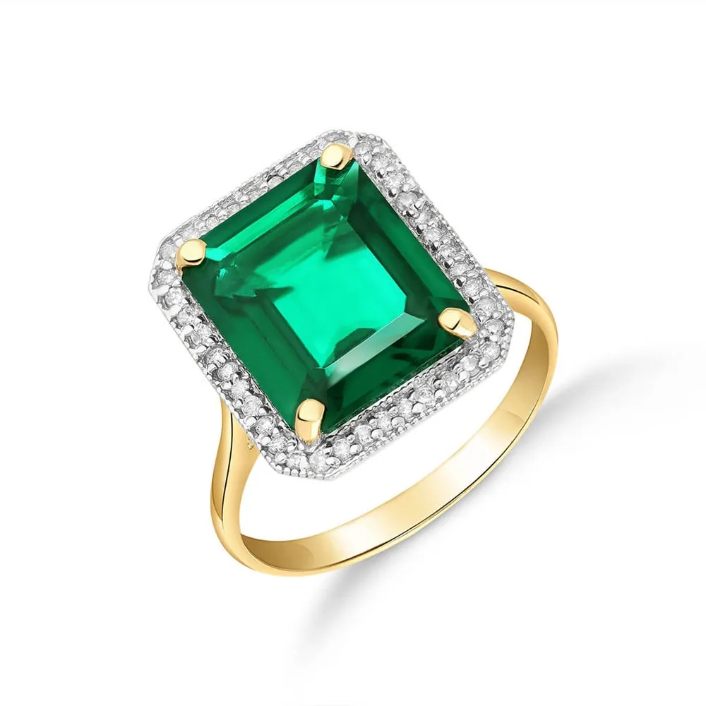 4.70 Carat Total Weight 14K Solid Yellow Gold Emerald with Natural Diamonds Halo Ring Brilliant Octagon Emerald Shape Cut Round Diamonds Anniversary Engagement Ring