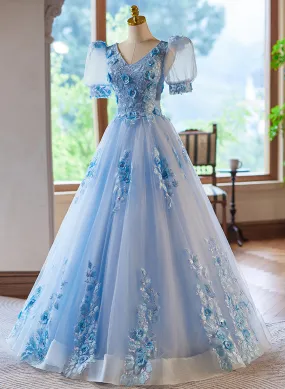 A-line Light Blue Tulle with Lace Short Sleeves Prom Dress, Tulle Evening Dress