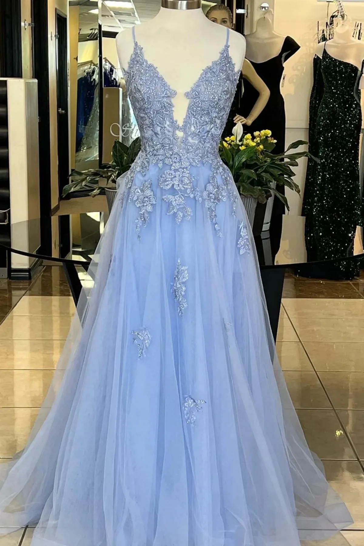 A Line V Neck Blue Lace Long Prom Dress, V Neck Blue Formal Dress, Blue Lace Evening Dress A2123