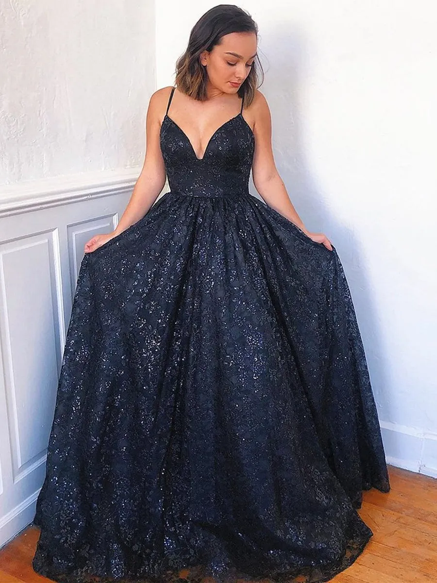 A Line V Neck Navy Blue Lace Long Prom, V Neck Lace Navy Blue Formal, Dark Blue Lace Evening