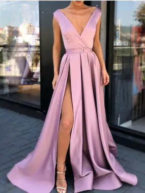 A Line V Neck Satin High Slit Prom with Belt, V Neck Formal, Graduation, Evening