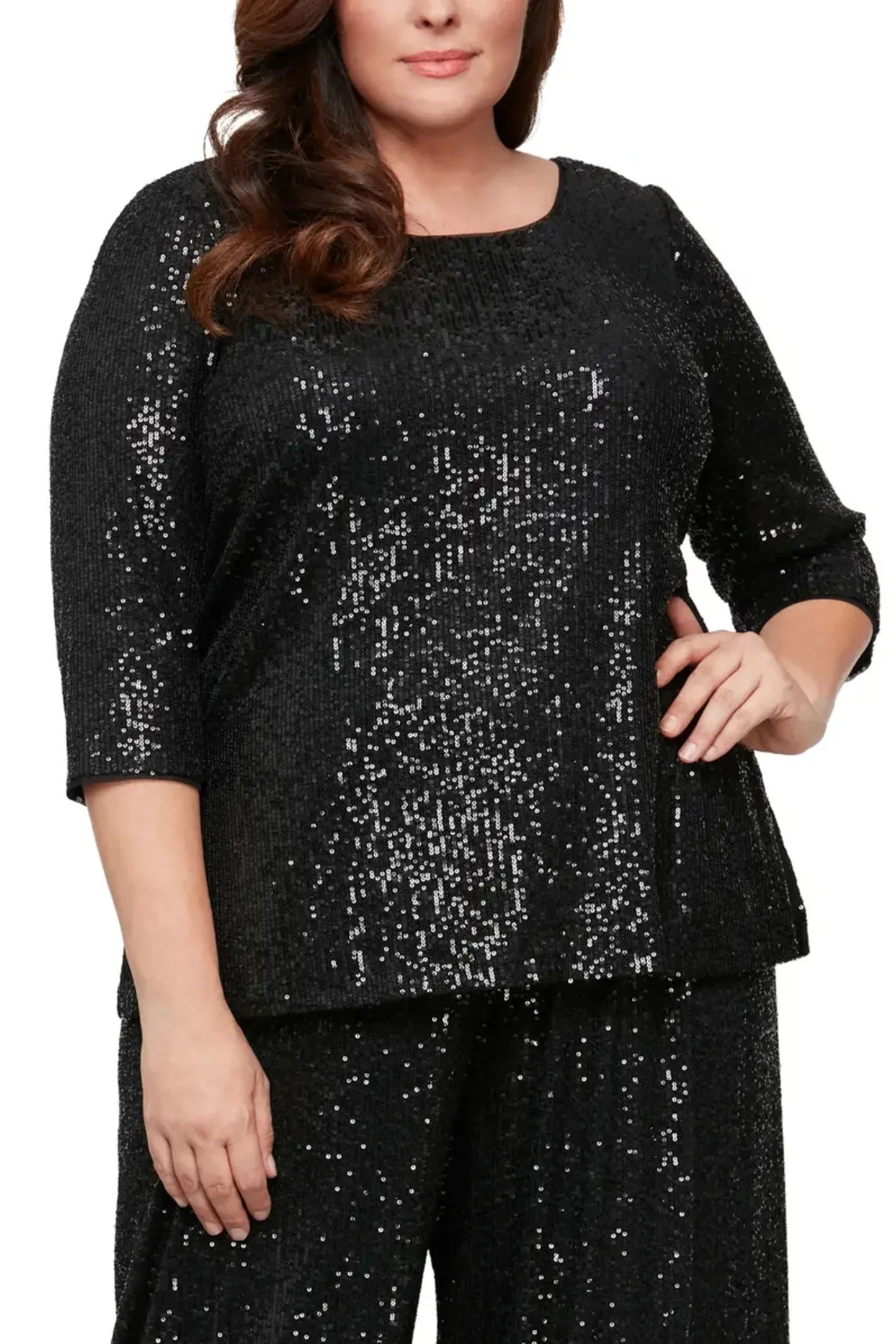 Alex Evenings 3/4 Sleeve Scoop Neck Sequin Tunic Blouse ( Plus Size )