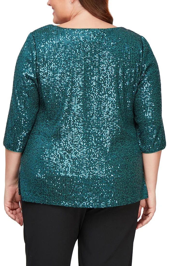 Alex Evenings 3/4 Sleeve Scoop Neck Sequin Tunic Blouse ( Plus Size )