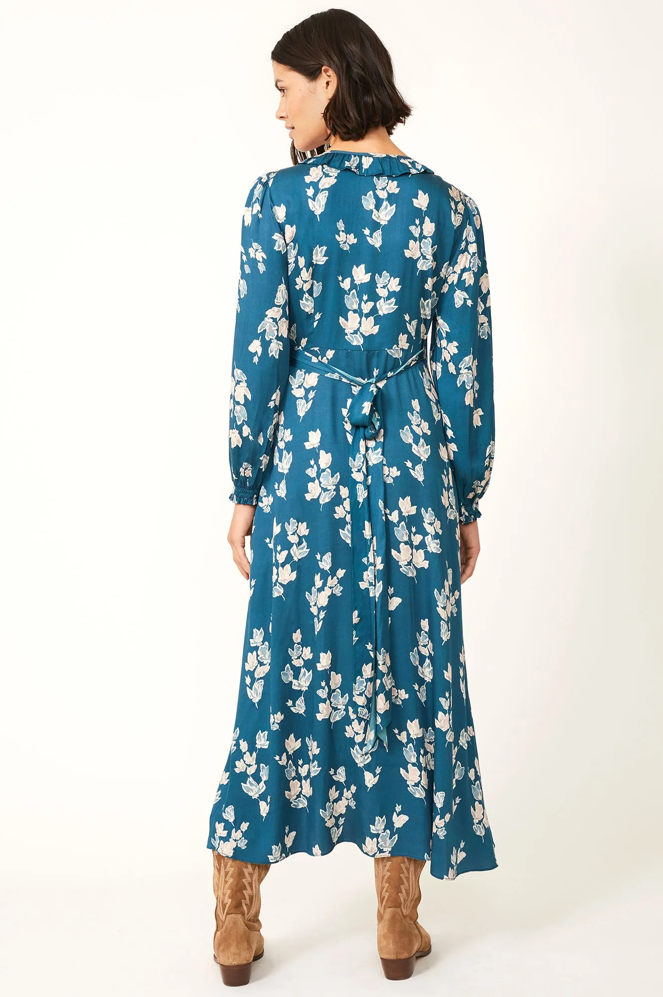 Ana Satin Wrap Dress | Falling Leaves Teal