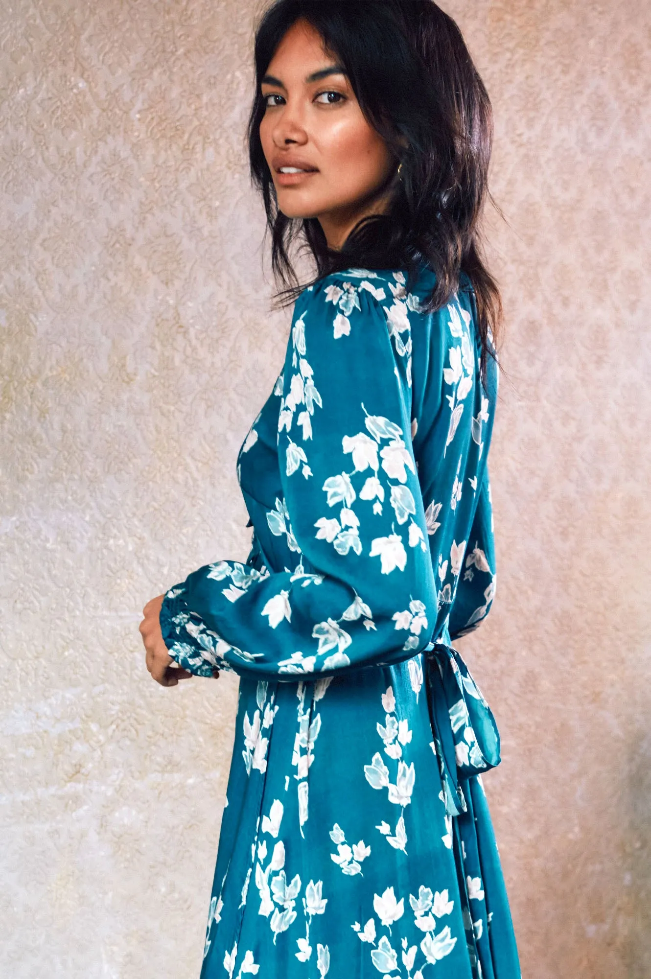 Ana Satin Wrap Dress | Falling Leaves Teal