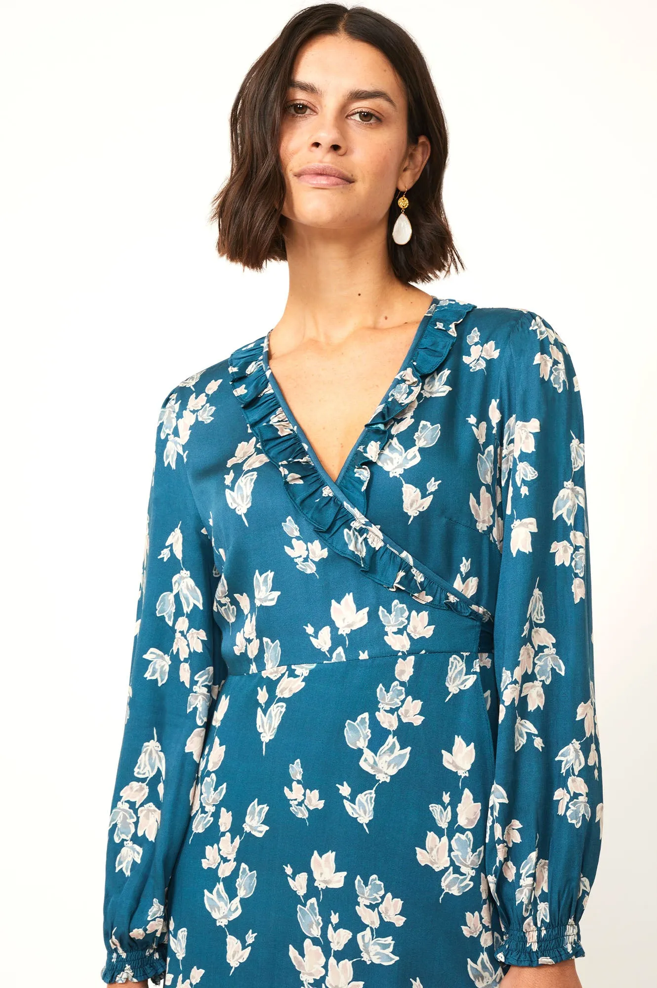 Ana Satin Wrap Dress | Falling Leaves Teal