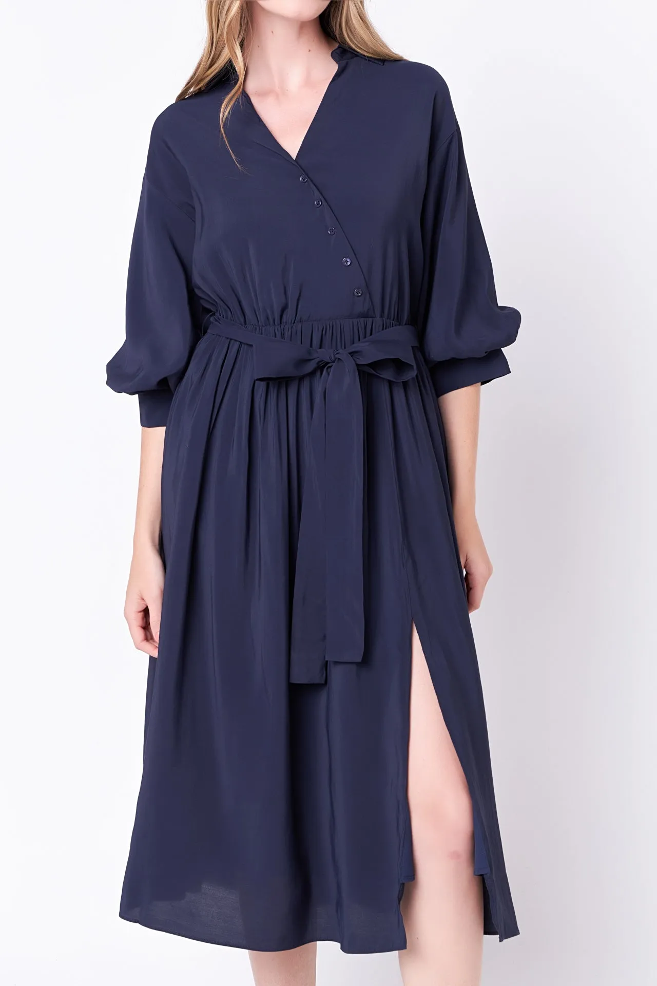 Angled Buttoned Wrap Midi Dress