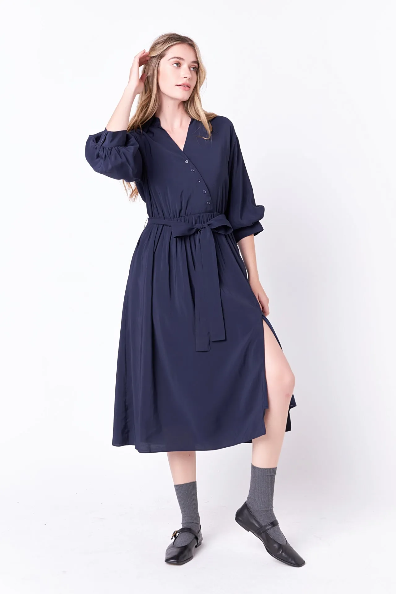 Angled Buttoned Wrap Midi Dress