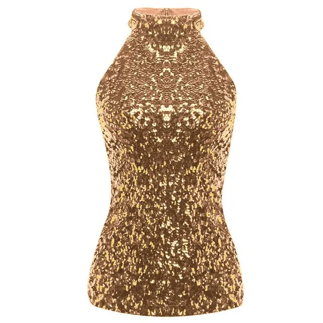 ASHORESHOP Glitter Sequins Women Fashion Shimmer Halter Neck Sleeveless Vest