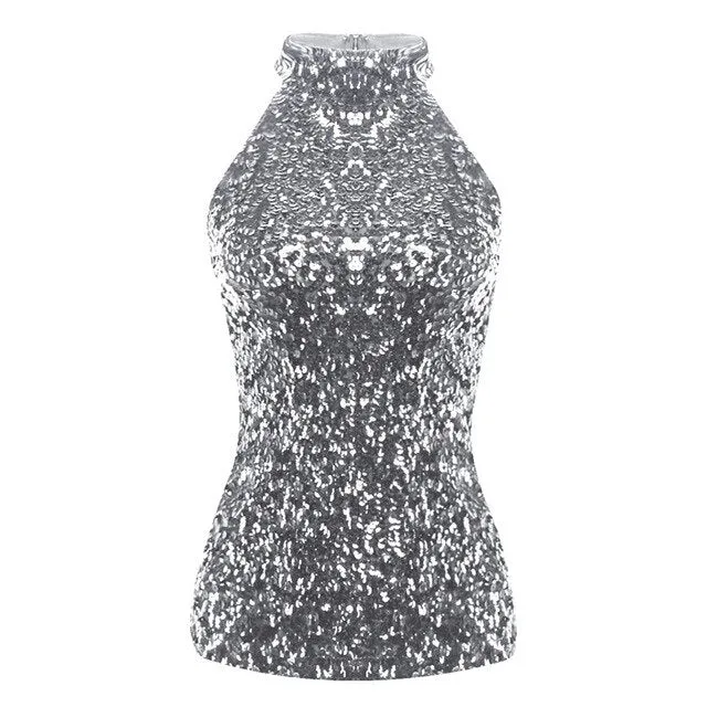 ASHORESHOP Glitter Sequins Women Fashion Shimmer Halter Neck Sleeveless Vest