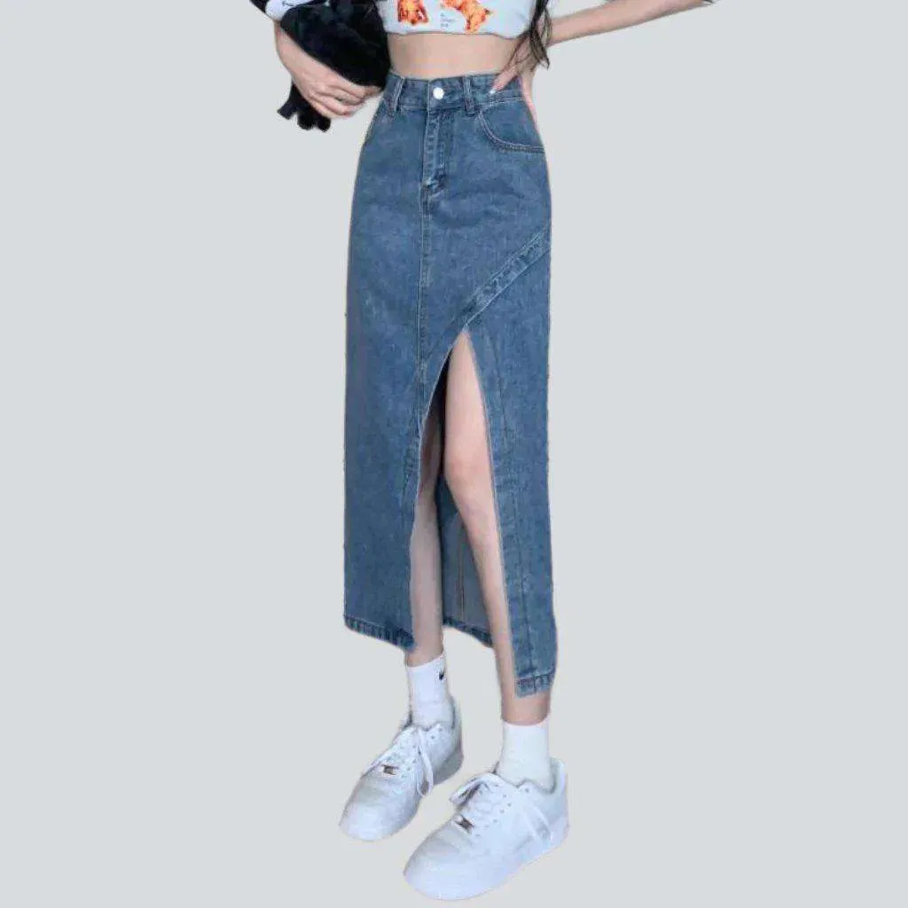 Asymmetric wide slit denim skirt