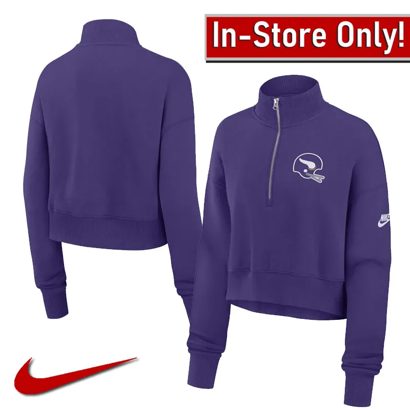 AVAILABLE IN-STORE ONLY! Minnesota Vikings Nike Women's Purple Rewind Phoenix Cropped 1/4 Zip Sweatshirt