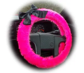 Barbie Pink fluffy faux fur car steering wheel cover with Black satin Bow