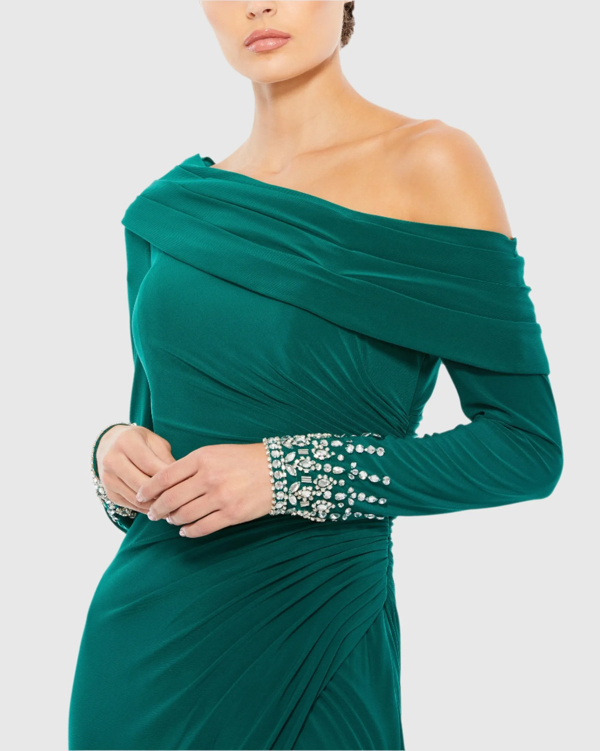 Beaded Cuff Drop Shoulder Faux Wrap Gown