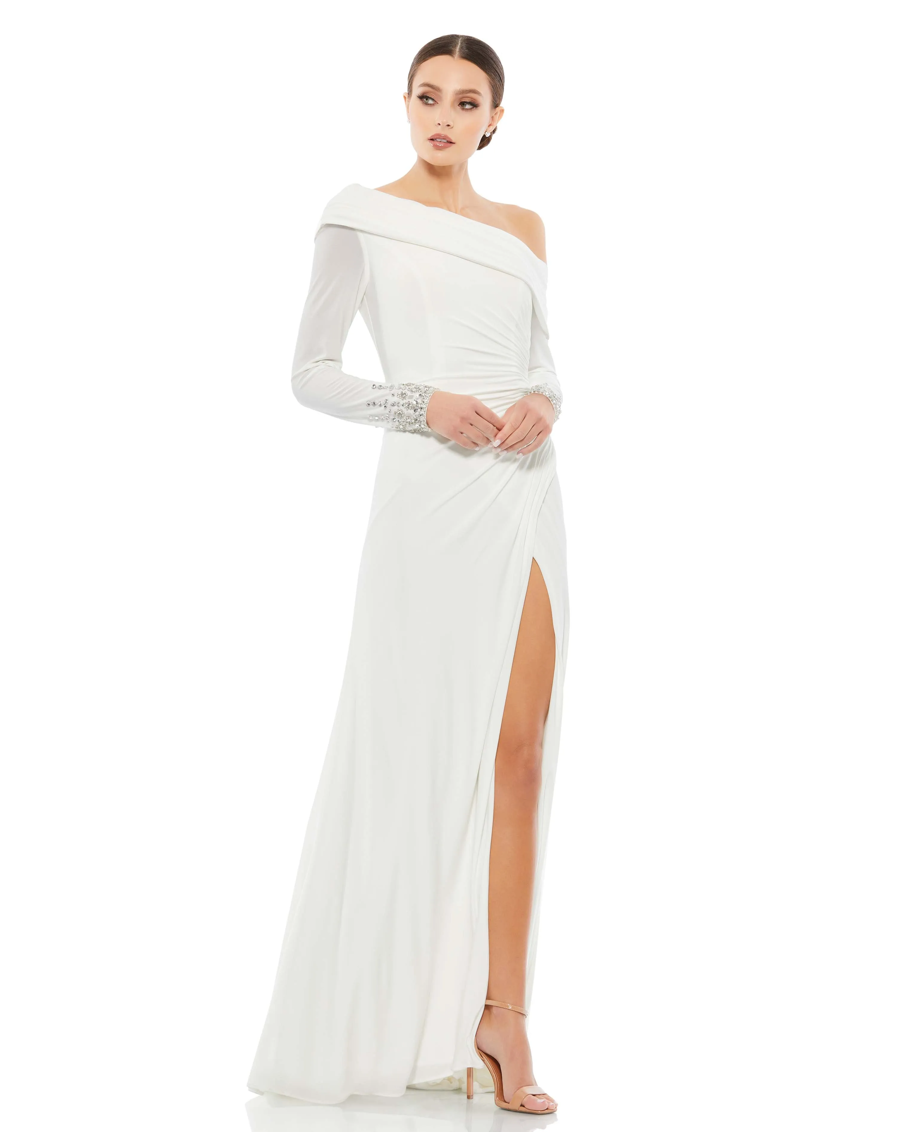 Beaded Cuff Drop Shoulder Faux Wrap Gown