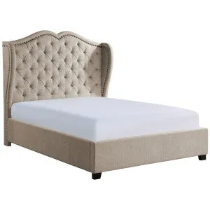 Beige Button-Tufted Wingback Queen Bed - Solid Wood Frame, Fabric Upholstery