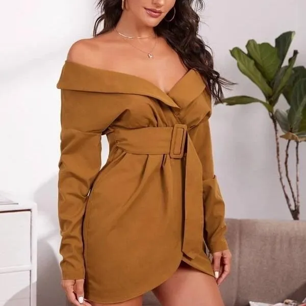 Belted Foldover Off-the-Shoulder Wrap Dress