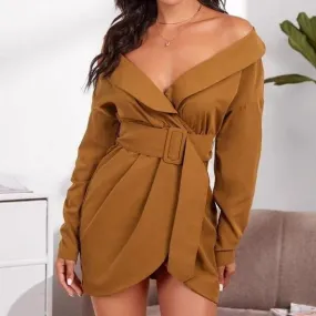 Belted Foldover Off-the-Shoulder Wrap Dress