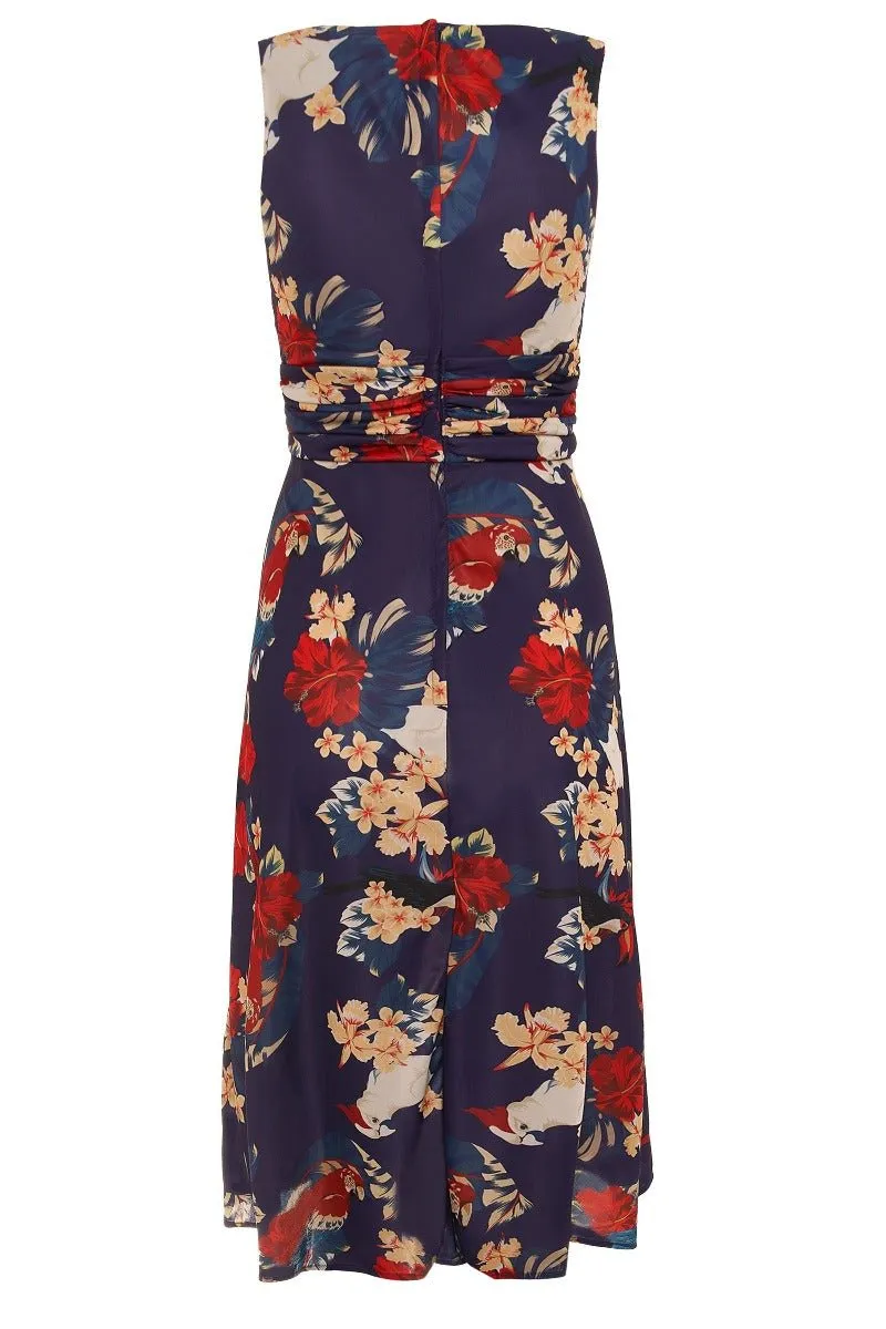 Bernice 50's Inspired Swing Floral and Parrot Dress in Navy