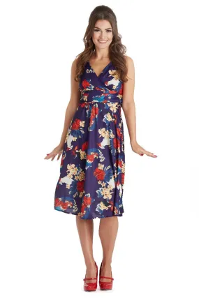 Bernice 50's Inspired Swing Floral and Parrot Dress in Navy