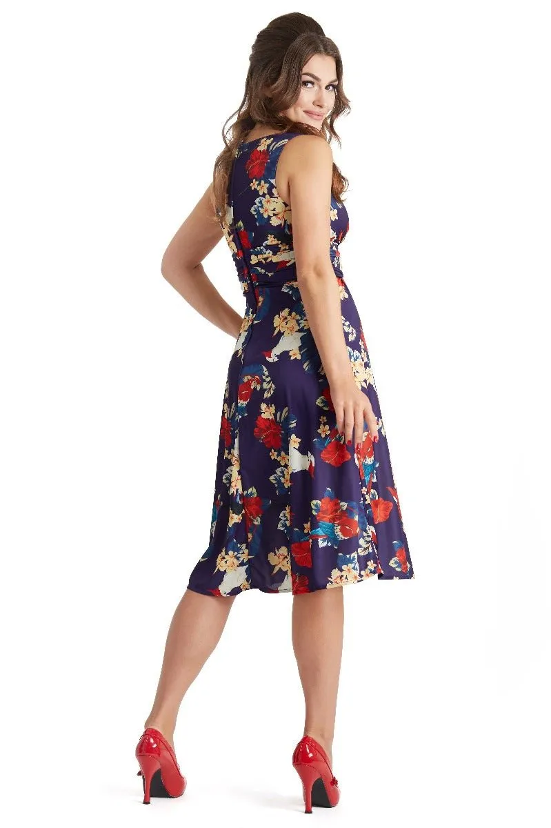 Bernice 50's Inspired Swing Floral and Parrot Dress in Navy