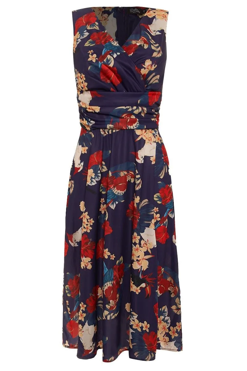 Bernice 50's Inspired Swing Floral and Parrot Dress in Navy