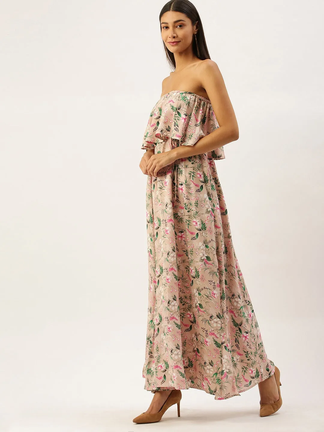 Berrylush Women Pink Off-Shoulder Floral Printed Maxi Dress