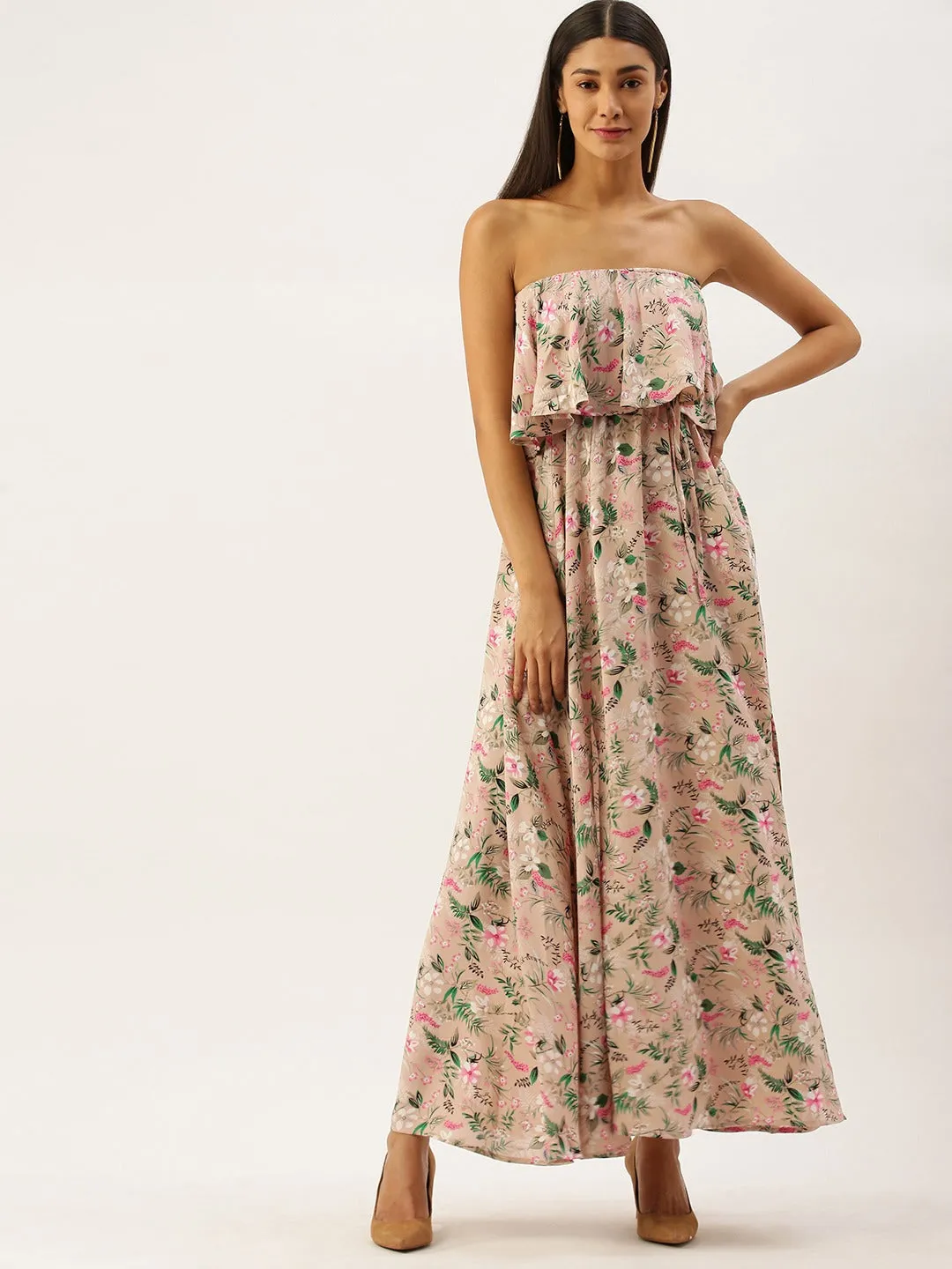 Berrylush Women Pink Off-Shoulder Floral Printed Maxi Dress