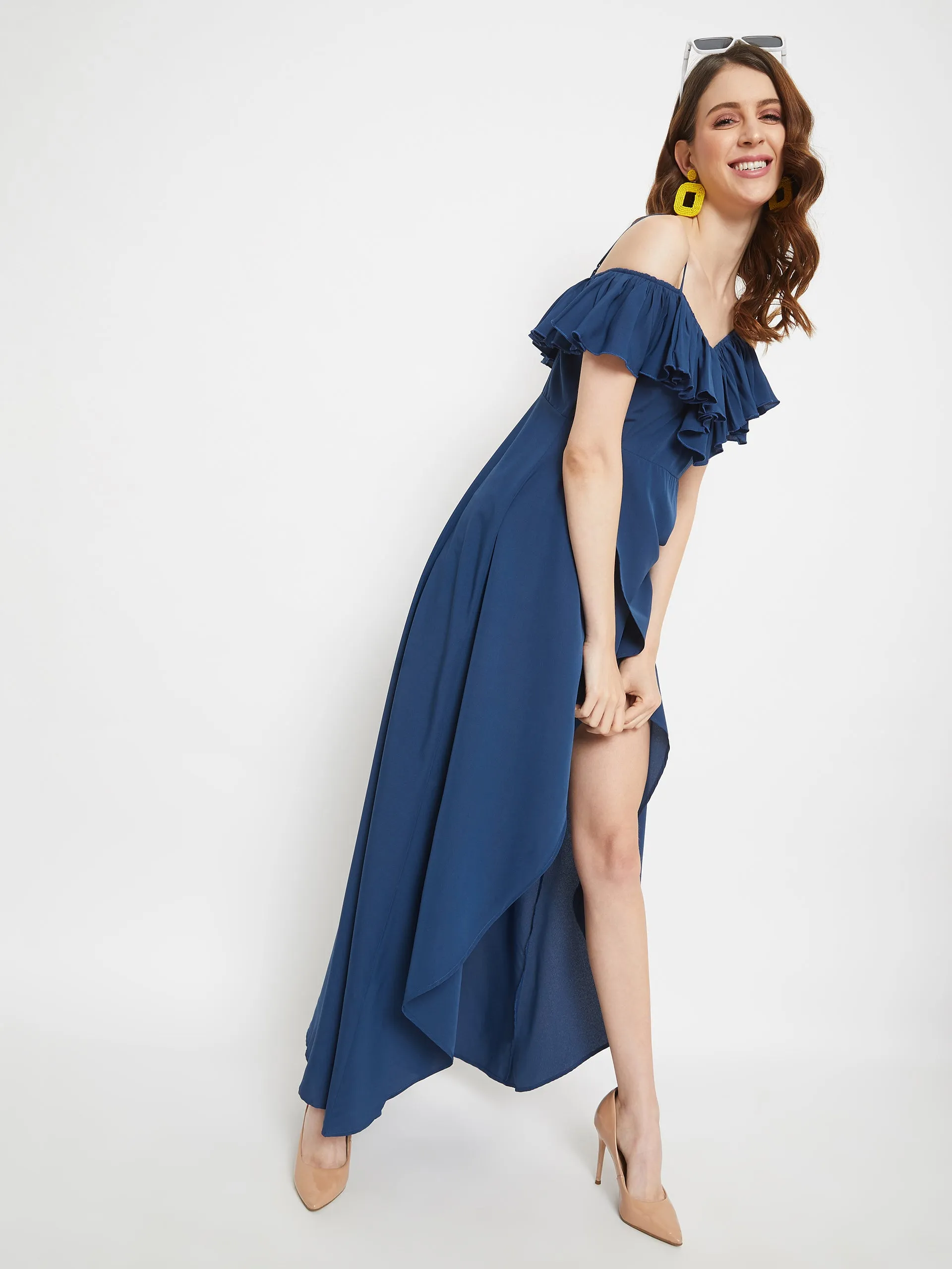 Berrylush Women Solid Blue Sleeveless Maxi Dress