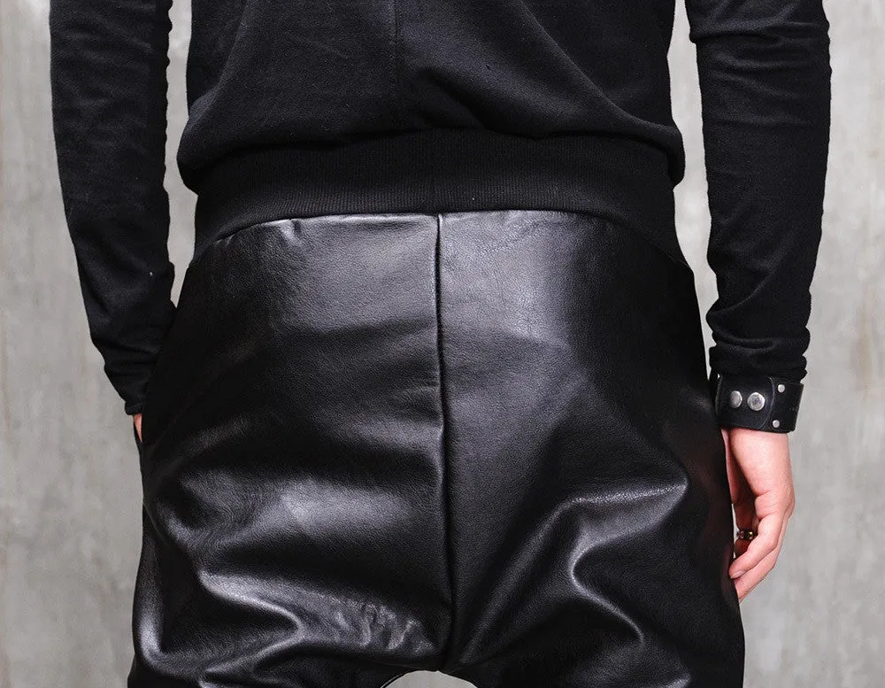 Biker Drop Crotch Dark Quilted Faux Leather Harem Pants  / Streetwear / Loose Dark Black Shadow